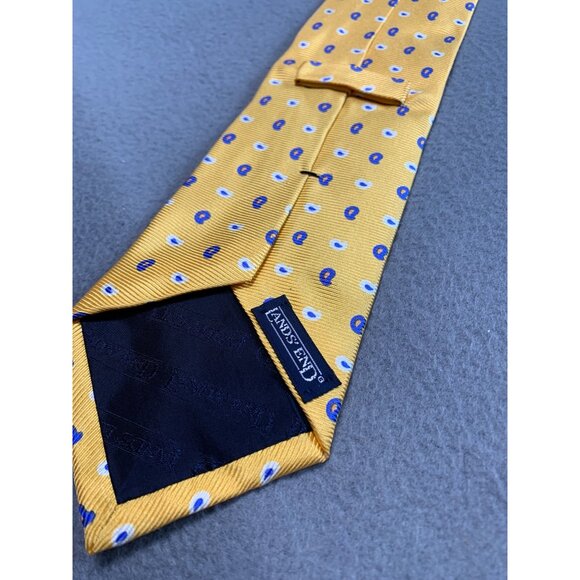 Lands End Mens Yellow Silk Tie Necktie Blue Paisley Dot Made in USA - Picture 2 of 4